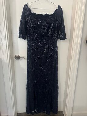 Lauren Ralph Lauren Navy Sequin Lace Off-Shoulder Evening Gown Size 12